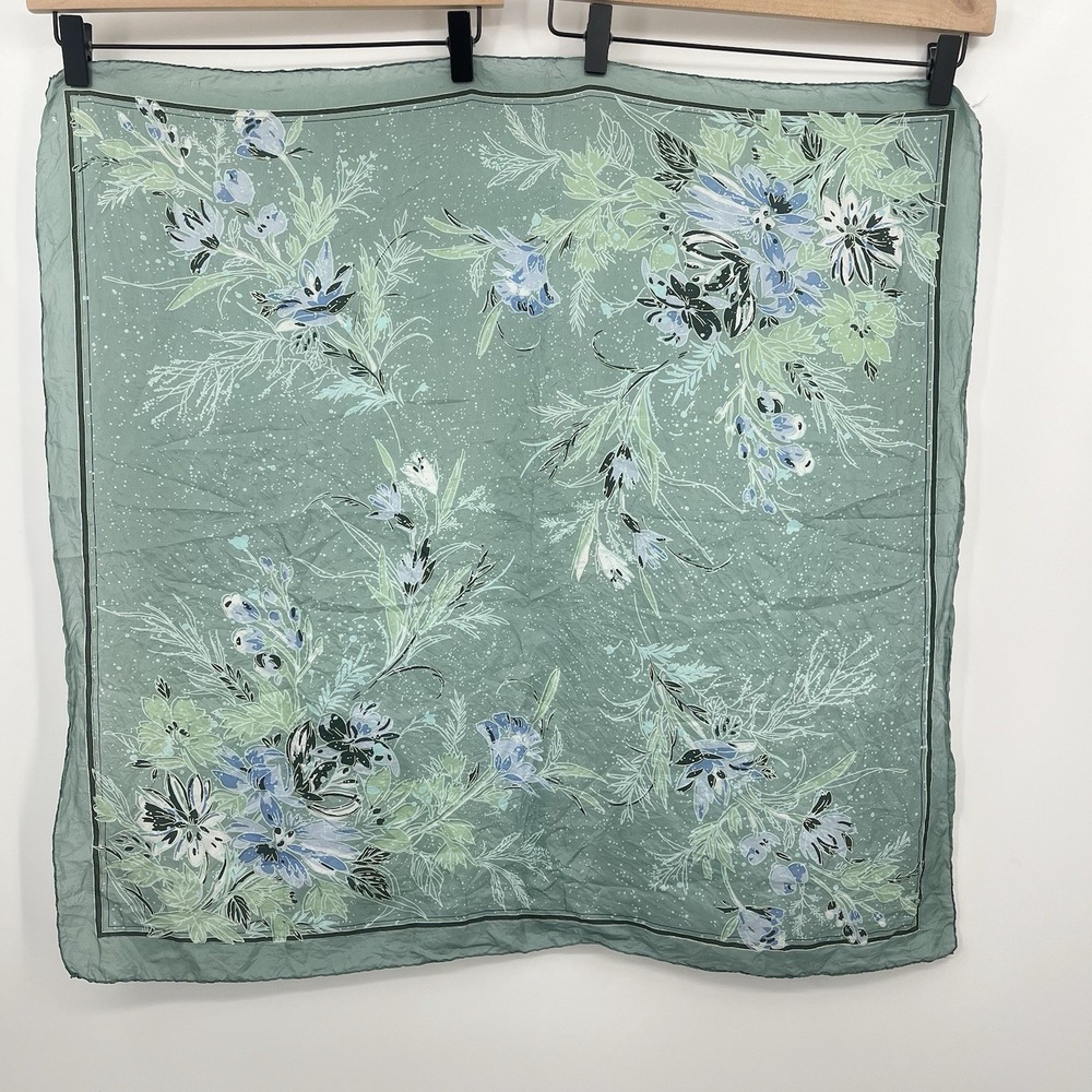 Silk Scarf Square Floral Silk Sheer Teal Blue Delicate Head Waist Tie Elegant